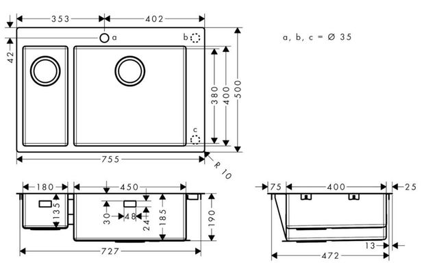 Кухонна мийка з неіржавкої сталі Hansgrohe S711-F655 (43309800)